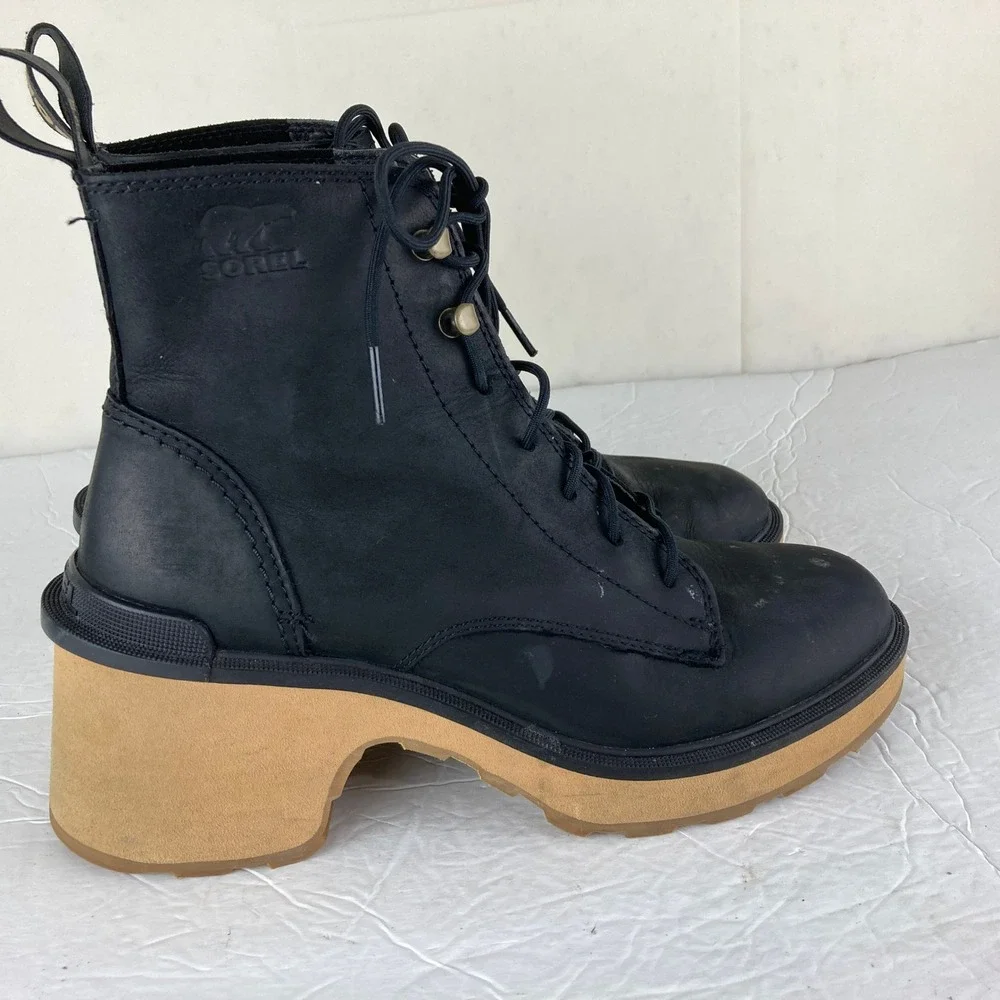 Sorel Hi-Line Heel Lace Boots Women Sz 8 Black Leather Ankle Block Heel - Picture 6 of 9